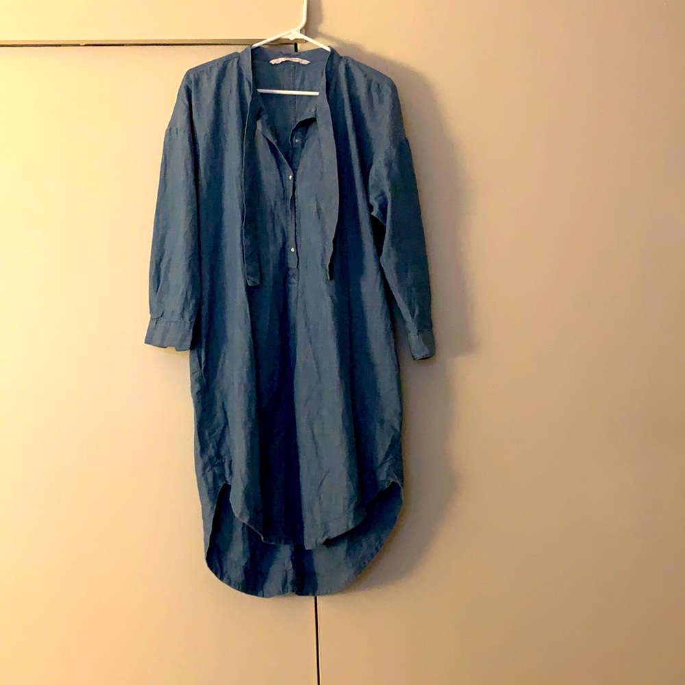 Zara Denim Neck Tie Shirt Dress Size Large